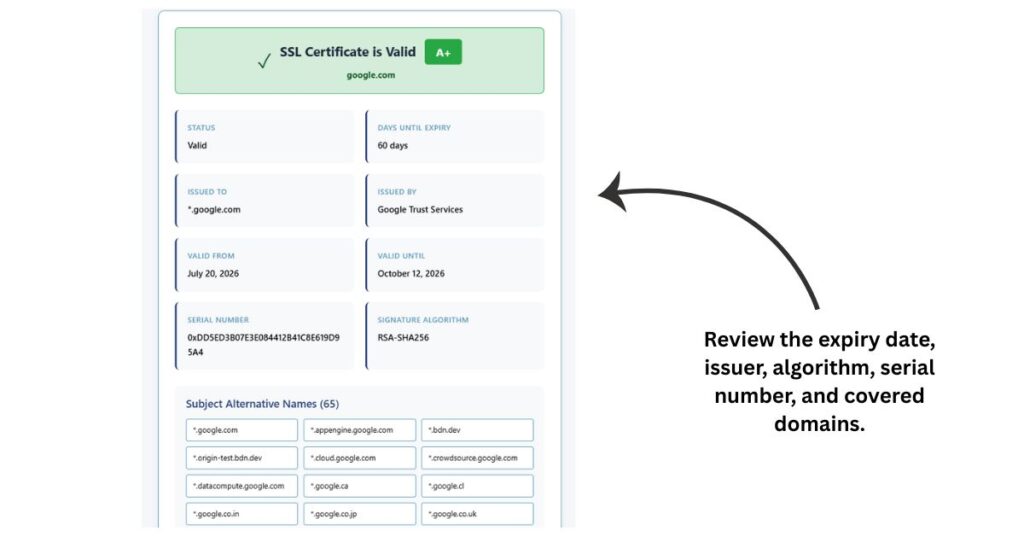 Detailed SSL certificate report showing expiry date, issuer information, etc