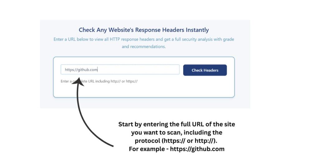 Enter a complete URL like httpsgithub.com into the HTTP header checker input field